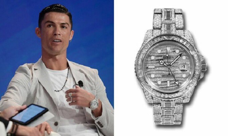 Rolex GMT Master Ice là chiếc đồng hồ của Ronaldo có giá bán khoảng gần 12 tỷ đồng. Cỗ máy thời gian này được chế tạo từ vàng trắng 18 karat và 30 karat kim cương. Phần vỏ có độ dày 13mm và khả năng chống nước 330 feet. Bộ máy tự động được Rolex sử dụng ở thiết kế này có khả năng dự trữ năng lượng trong 50 giờ. Rolex GMT Master Ice còn cuốn hút từ mọi góc nhìn với hàng trăm viên kim cương nạm kín đồng hồ, từ mặt số, viền bezel, phủ kín lớp vỏ cho đến dây đeo.
