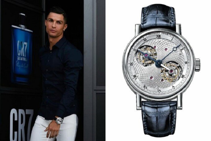 Breguet Classique Grande Complications Double Tourbillon của Ronaldo không có kim cương trên khắp mặt số và vỏ. Nhưng đổi lại, nó sở hữu hai tourbillons được kết nối với nhau bằng một loạt các bánh răng vi sai. Đồng hồ có vỏ bằng bạch kim và dây đeo bằng da cá sấu, giá hơn 15 tỷ đồng.
