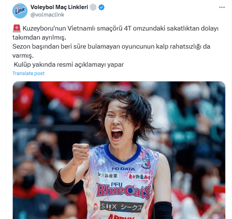 Mạng xã hội Voleybol Mac Linkleri đưa tin về việc Thanh Thúy chia tay CLB mới