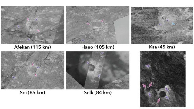 Các hố va chạm trên Titan đã gợi ý về sự tồn tại của lớp băng giàu methane - Ảnh: NASA