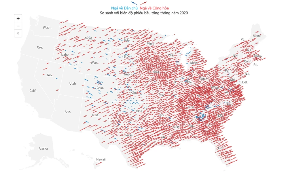 Sự "dịch chuyển đỏ" ủng hộ cựu Tổng thống Donald Trump trên khắp nước Mỹ trong cuộc bầu cử Mỹ 2024. Nguồn: THE NEW YORK TIMES