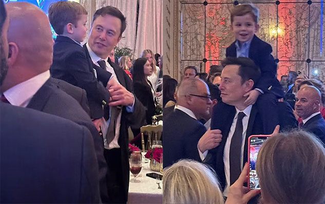 Tỷ phú Elon Musk bế, công kênh con trai tại bữa tiệc của ông Trump. Ảnh: XGrantCardone, Instagram Siggyflicker