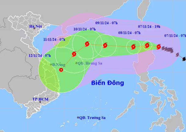 Dự báo hướng đi và phạm vi ảnh hưởng của bão Yinxing sáng 7/11. Ảnh:&nbsp;NCHMF