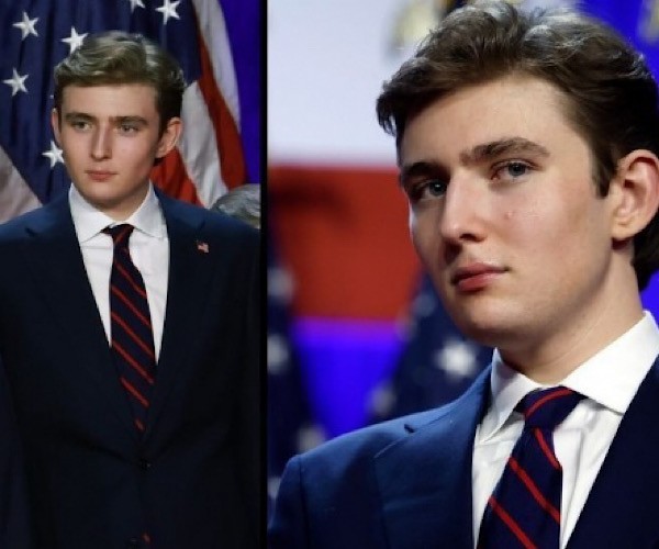 Barron Trump gây xôn xao mạng xã hội khi cùng đứng trên sân khấu nghe ông Trump tuyên bố thắng cử tại Florida. Ảnh: Getty.