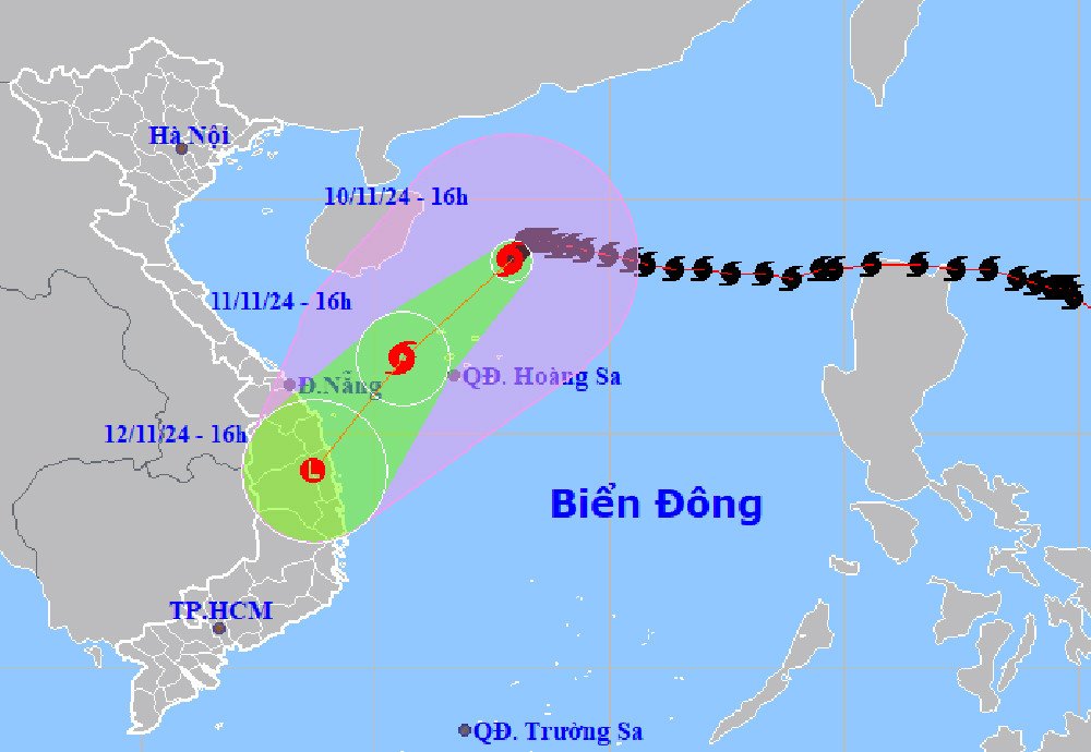 Hướng di chuyển của bão số 7 chiều 10/11. Nguồn: NCHMF