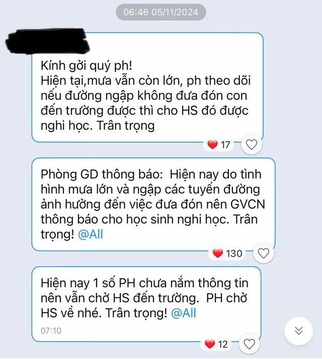 Ngày 5-11, các trường thông báo nghỉ học vào thời điểm trời đang mưa to và sát giờ vào lớp nên nhiều phụ huynh đã chở con đi học phải quay về