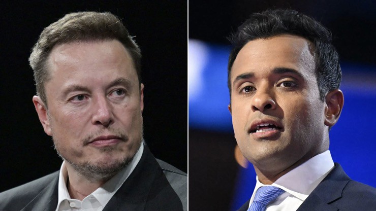 Tỷ phú Elon Musk và doanh nhân Vivek Ramaswamy. Ảnh: CNN/Getty Images.