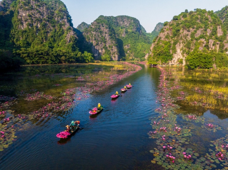 Những chiếc thuyền hoa giữa dòng sông Ngô Đồng nhẹ nhàng trôi tạo nên một bức tranh thuỷ mặc.