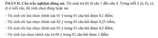 Cách tính điểm trắc nghiệm phần II trong đề thi minh họa tốt nghiệp THPT 2025 môn Toán của Bộ Giáo dục và Đào tạo.