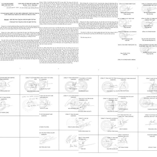 Văn bản kiến nghị cùng nhiều con dấu, chữ ký của các doanh nghiệp trong lĩnh vực điện ảnh.