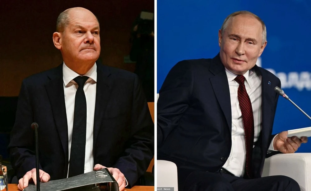 Thủ tướng Đức Olaf Scholz (trái) và Tổng thống Nga Vladimir Putin. Ảnh: EAST NEW