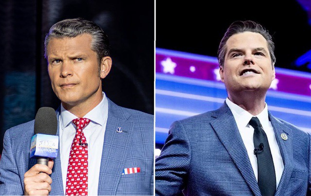 Ông Pete Hegseth và ông Matt Gaetz, hai lựa chọn nội các gây tranh cãi của Tổng thống Mỹ đắc cử Donald Trump - Ảnh: FOX NEWS