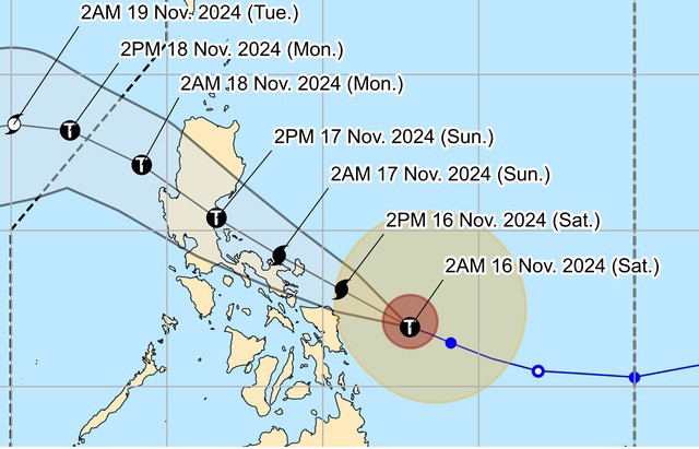 Dự báo đường đi của bão Man-yi trong những giờ tới, theo giờ Manila (UTC+8) - Ảnh: PAGASA