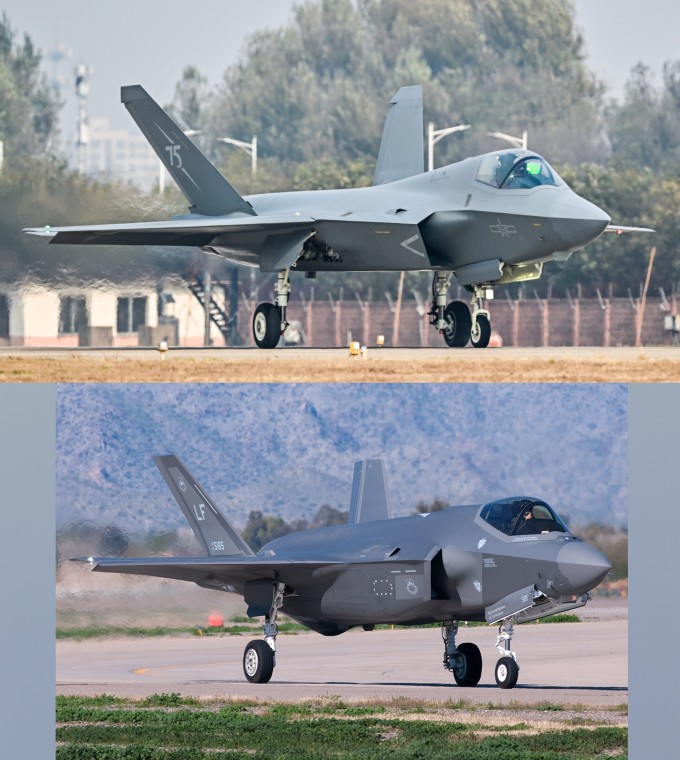 Tiêm kích J-35A Trung Quốc (trên) và F-35A Mỹ. Ảnh: PLA, X/FaySue6