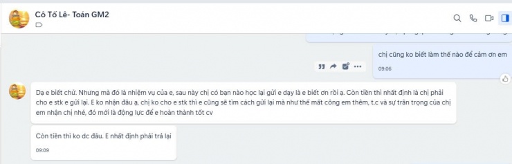 Đoạn tin nhắn của cô giáo nhất định trả lại món quà chị Khuyên gửi tặng. Ảnh: NVCC