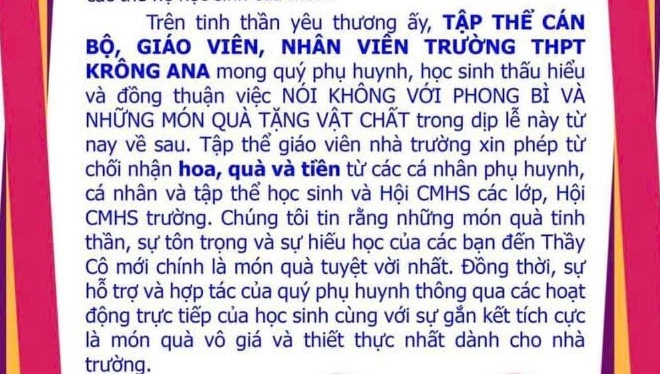 Thư ngỏ không nhận phong bì ngày 20-11 của Trường THPT Krông Ana. Ảnh: N.T