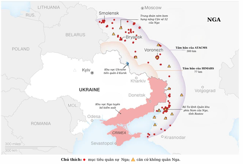 Lược đồ những điểm quân sự Nga nằm trong tầm bắn của tên lửa ATACMS. Nguồn: CNN. Việt hoá: DƯƠNG KHANG (Plo.vn).