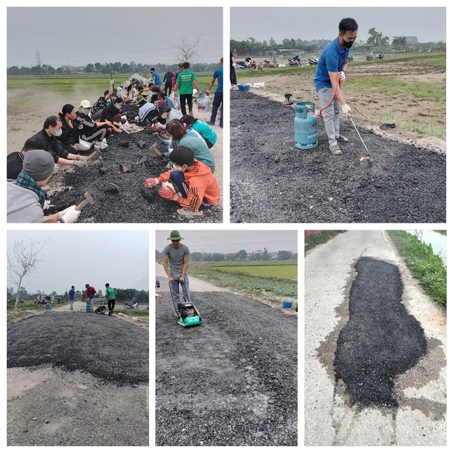 Các tình nguyện viên của nhóm tham gia vá đường.