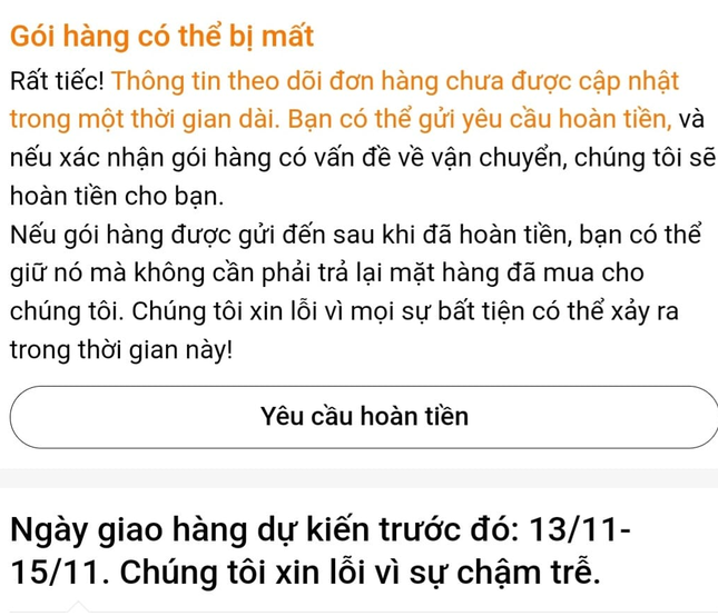 Khách hàng nhận được thông báo của Temu "hàng có thể bị mất" đối với đơn hàng đã đặt mua trên sàn.