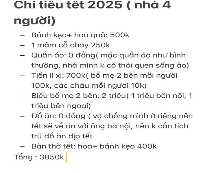 Bảng dự tính chi tiêu Tết khiến nhiều người cảm thấy không thể tin nổi. Ảnh chụp màn hình.