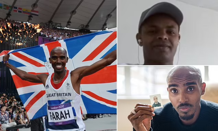 Mo Farah (bên trái) đang bị "Mo Farah thật" (đội mũ) quấy rối cuộc sống