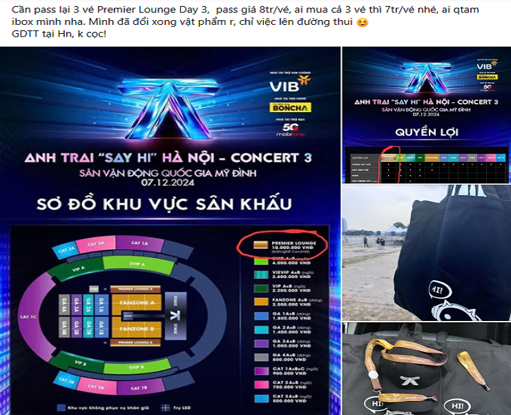 Bài đăng bán vé Anh Trai Say Hi concert 3 từ giá gốc 10 triệu xuống 8 triệu trên một hội nhóm chuyên trao đổi, mua bán vé ca nhạc.