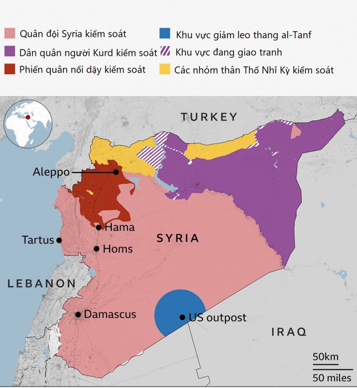 Đồ họa tình hình kiểm soát ở Syria tính đến ngày 5/12/2024. Đồ họa: ISW/BBC