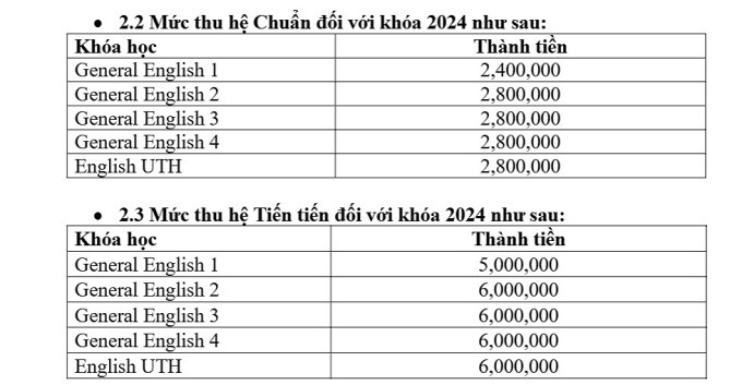 Biểu phí học phần tiếng Anh tổng quát của trường Đại học Giao thông Vận tải TP HCM. Ảnh: Chụp màn hình