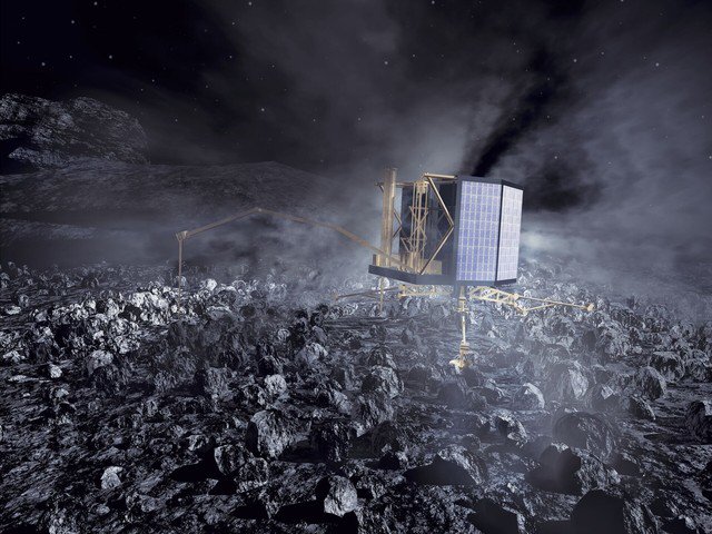 67P/Churyumov-Geramenko với tàu đổ bộ Philae của ESA trên bề mặt, là tàu con của Rosetta trong sứ mệnh đã hé lộ mối liên quan đặc biệt giữa sao chổi này với Trái Đất - Ảnh đồ họa: ESA