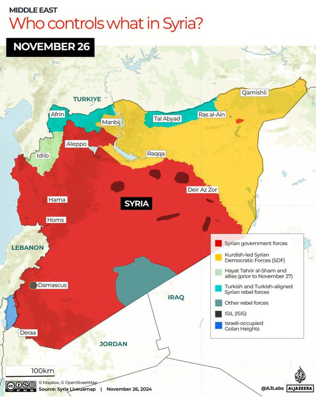 Bản đồ Syria trước ngày 27-11 với các lực lượng khác nhau được đánh dấu bằng các màu khác nhau - Ảnh: AL JAZEERA