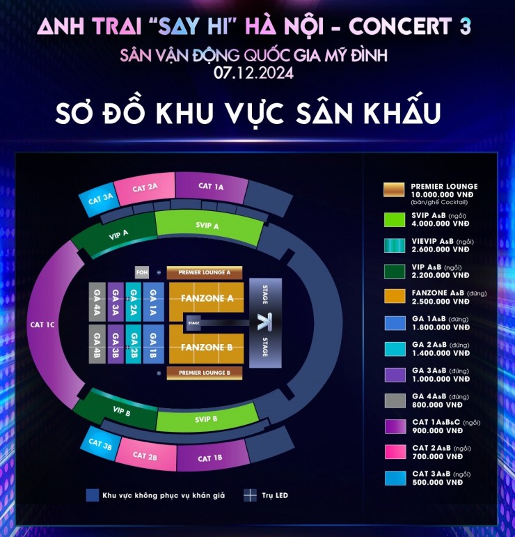 Sơ đồ chỗ ngồi và giá vé của đêm concert 3 tại SVĐ Quốc gia Mỹ Đình.