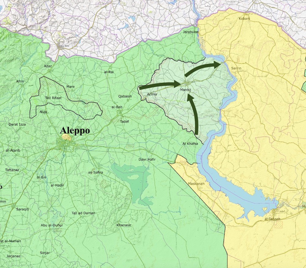 Lực lượng người Kurd gần đây đã bị phe nổi dậy Syria thân Thổ Nhĩ Kỳ đẩy lùi khỏi thành phố Manbij và các khu vực lân cận (vùng màu xanh nhạt).