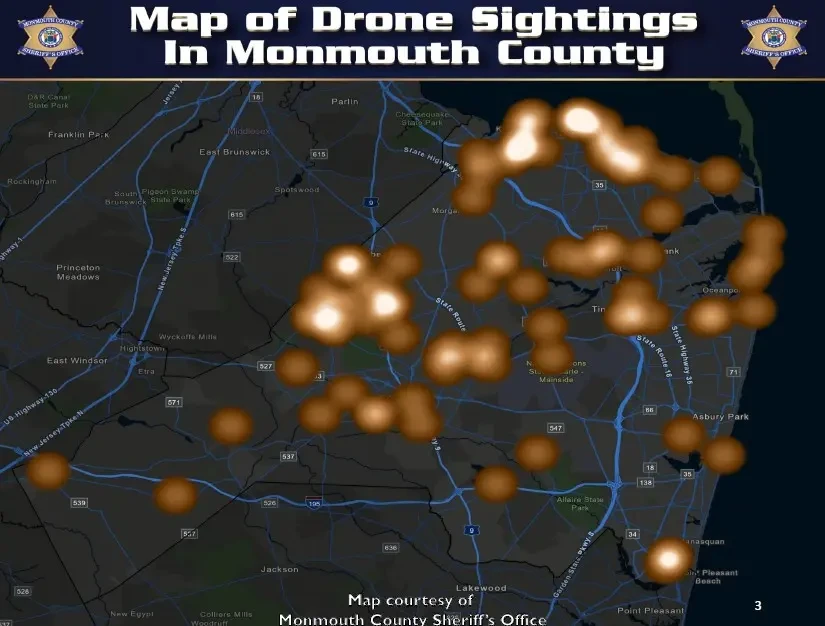 Bản đồ nhiệt về các UAV bí ẩn được phát hiện tại hạt Monmouth (bang New Jersey, Mỹ). Ảnh: NEW YORK POST