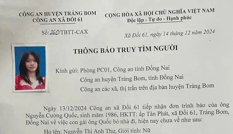 Công an xã Đồi 61 thông báo truy tìm nữ sinh mất liên lạc với gia đình.