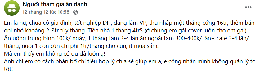 Cô gái có thu nhập 18-19 triệu/tháng nhưng không mấy dư dả.