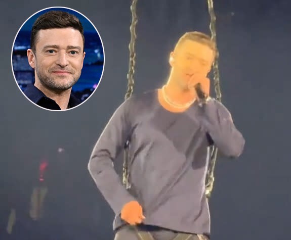 Justin Timberlake bị dây treo hít vào vùng háng, gây ra hình ảnh nhạy cảm.