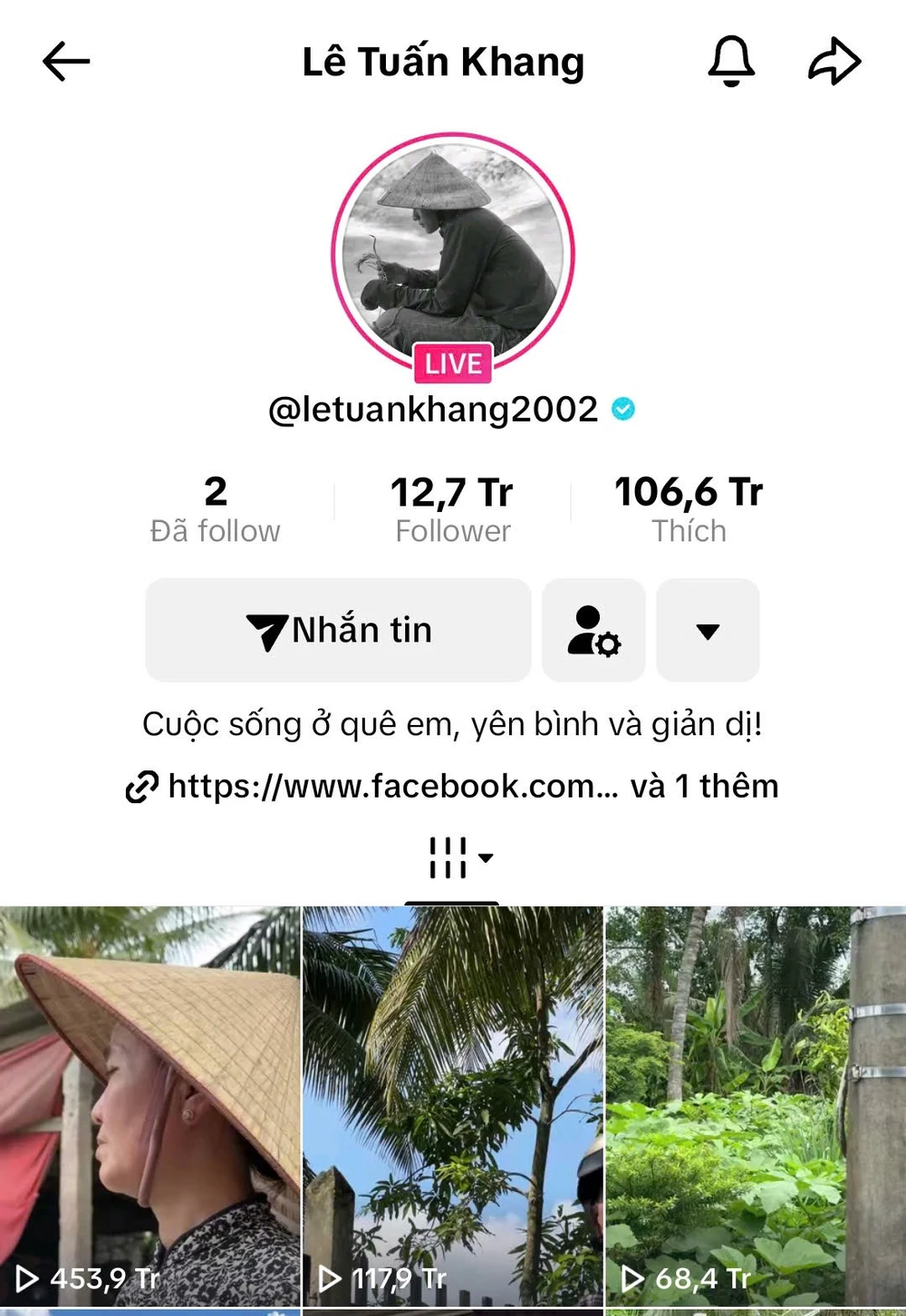 Kênh TikTok của Lê Tuấn Khang hiện đã đạt hơn 11,7 triệu lượt người theo dõi. Ảnh chụp màn hình