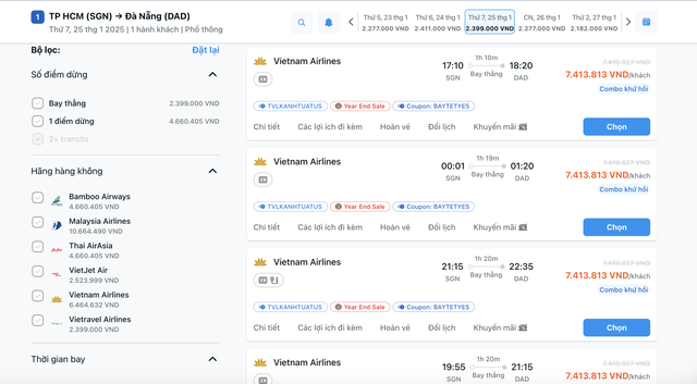 Giá vé máy bay chặng TP HCM - Đà Nẵng của Vietnam Airlines ngày 25-1-2025 (tức 26 tháng Chạp)
