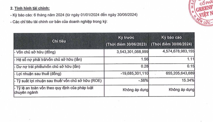 Tình hình tài chính 6 tháng đầu năm 2024 của GreenFeed.