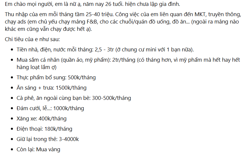 Mỗi tháng cô gái chỉ tiêu khoảng 8-9 triệu đồng cho các nhu cầu cơ bản.