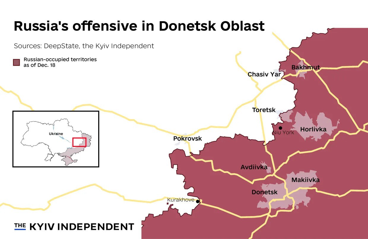 Tình hình chiến sự&nbsp;ở tỉnh Donetsk tính đến giữa tháng 12/2024. Phần màu đỏ là khu vực Nga kiểm soát tính đến ngày tính đến ngày 18/12/2024. Ảnh: DeepState, Kyiv Independent