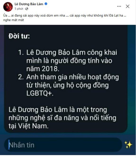 Lê Dương Bảo Lâm đính chính thông tin về giới tính. (Ảnh FBNV).