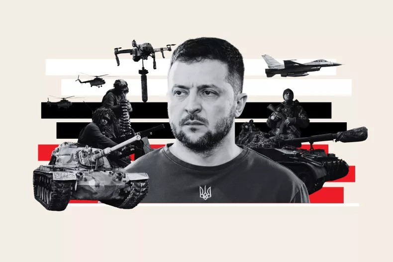 Hình minh họa của Newsweek về Tổng thống Ukraine Volodymyr Zelensky và nhiều loại vũ khí khác nhau của quân đội Ukraine