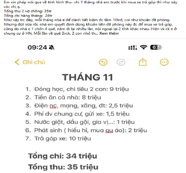 Bảng chi tiêu của gia đình sau khi mua xe cũng được người vợ chia sẻ.