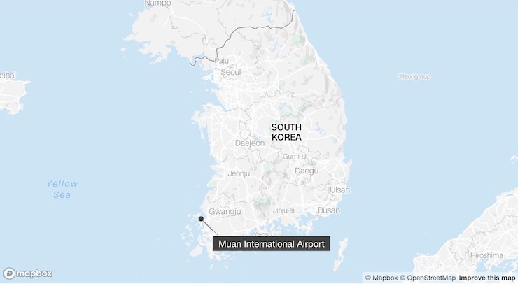 Vụ tai nạn xảy ra ở sân bay quốc tế Muan, phía tây nam Hàn Quốc. Ảnh: CNN/Mapbox.