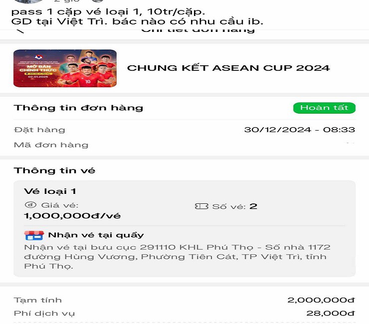 Vé chung kết AFF Cup được rao bán trên hội nhóm, giá cao gấp 5 lần so với giá của ban tổ chức. Ảnh chụp màn hình.