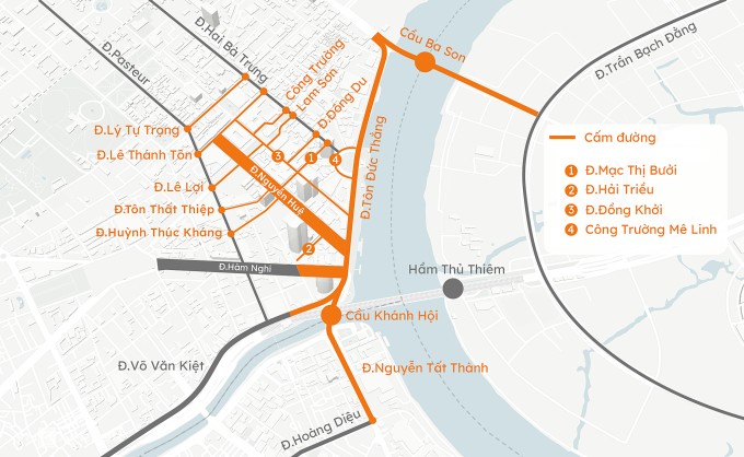 Vị trí một số tuyến đường cấm xe để bắn pháo hoa đêm nay. Đồ họa: Khánh Hoàng