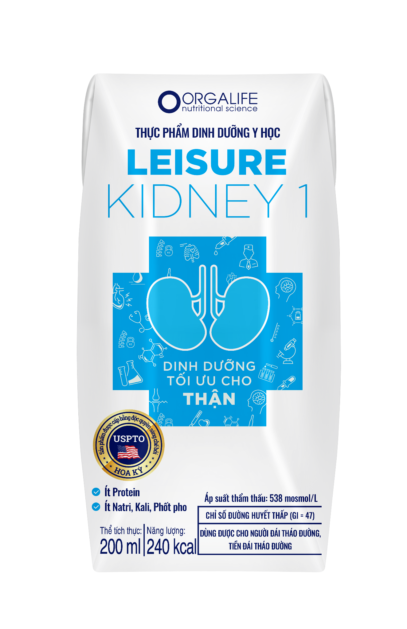 Leisure Kidney 1 d&ugrave;ng ph&ugrave; hợp cho bệnh nh&acirc;n thận chưa lọc m&aacute;u với h&agrave;m lượng Protein thấp. Nguồn: Orgalife.