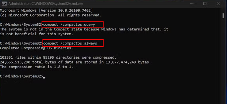 Các dòng lệnh giúp kích hoạt CompactOS.